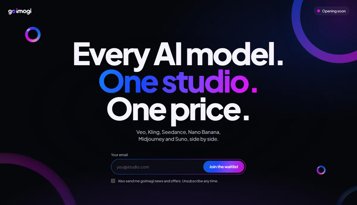The goimagi page: Every AI model. One studio. One price.