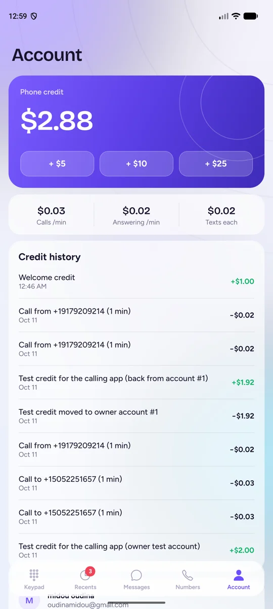 Ringoly account screen with phone credit