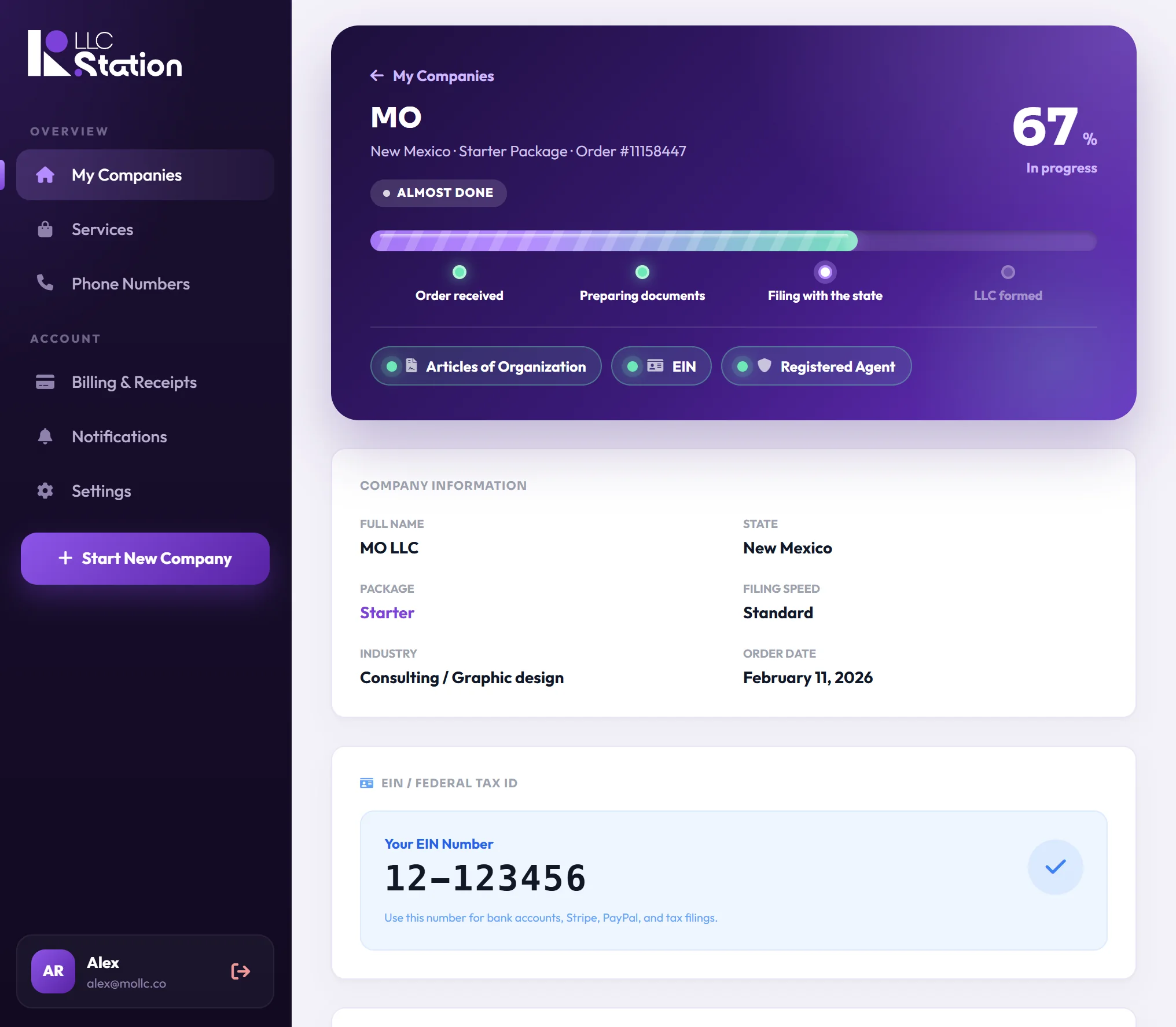 The LLC Station client dashboard: company details, EIN, registered agent and a completed progress checklist