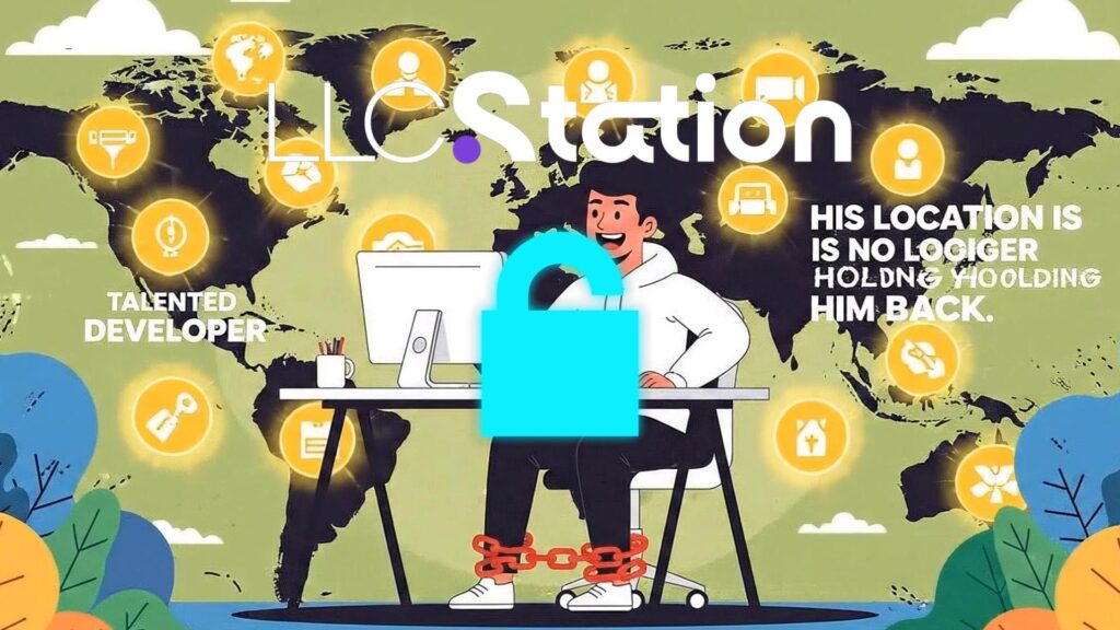 A global developer unlocked from geographic chains with the LLC Station logo, symbolizing freedom to run a U.S. business from anywhere.