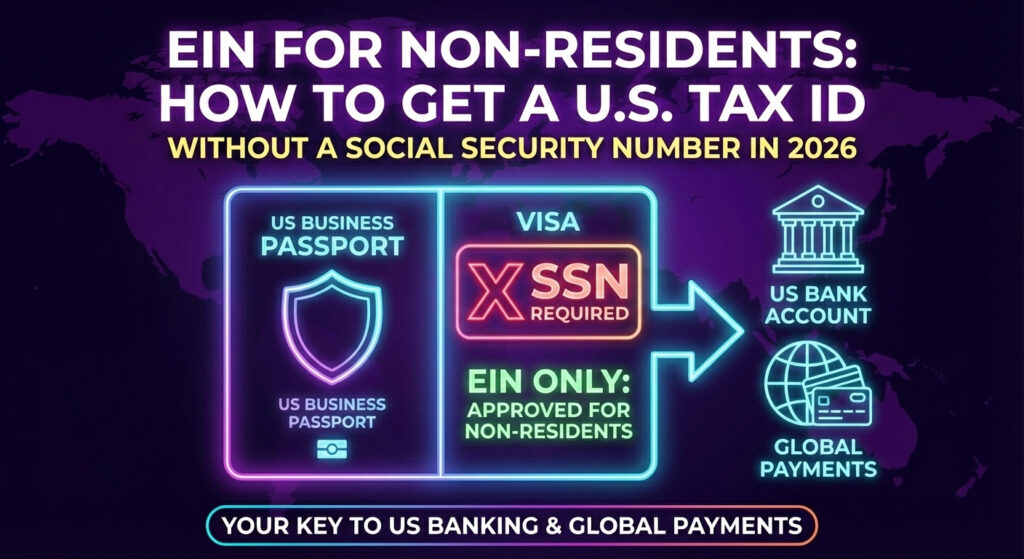 Infographic explaining how non-residents can obtain a U.S. tax ID (EIN) without a Social Security Number (SSN) in 2026, including access to U.S. banking and global payments.