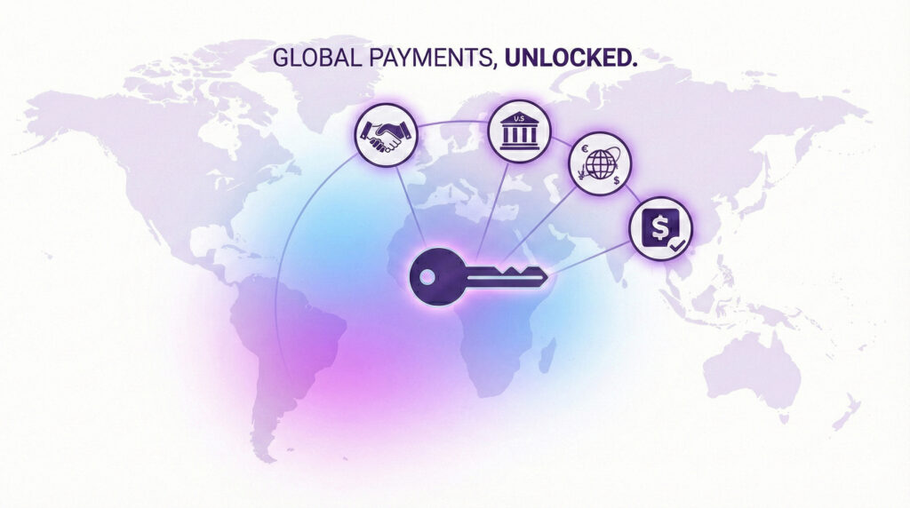 World map graphic showing “Global Payments, Unlocked” with a key icon connecting international payments, U.S. banking, and currency exchange.