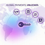 World map graphic showing “Global Payments, Unlocked” with a key icon connecting international payments, U.S. banking, and currency exchange.