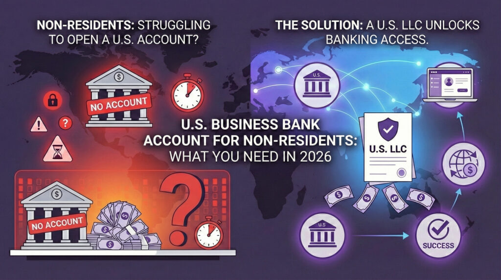Infographic showing how a U.S. LLC helps non-residents open a U.S. business bank account in 2026.