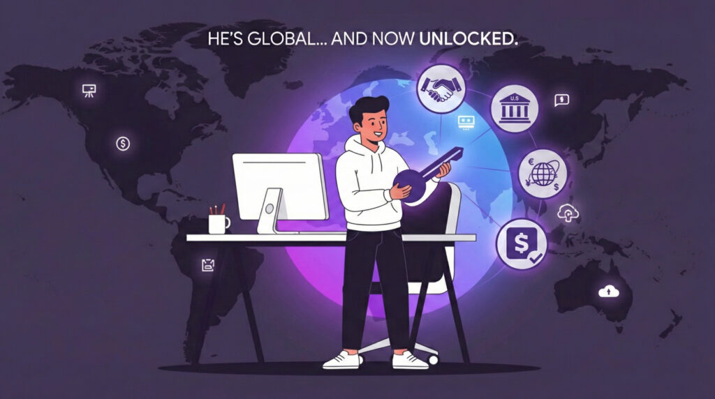Illustration of a global digital entrepreneur unlocking international payments with a U.S. LLC, EIN, and secure Stripe-compatible business infrastructure.